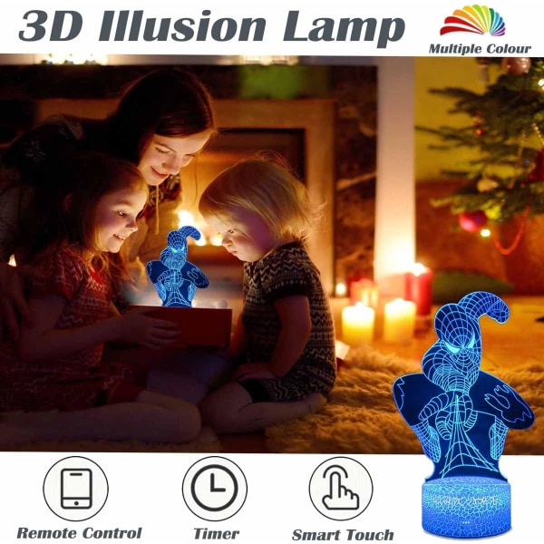 WJ 3D Illusion LED-lampa Superhjälte 3D Nattlampa för Barn 16 Färgväxlande Touch och Fjärrkontroll Dekorationslampa för Pojkar Flickor Julgåvor Spiderman