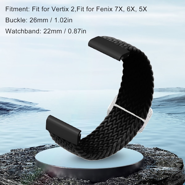 22mm Flätad Klockarmband 26mm Spänne Justerbart Elastiskt Spänne Stängning Flätad Ersättningsband för Fenix 7X Svart