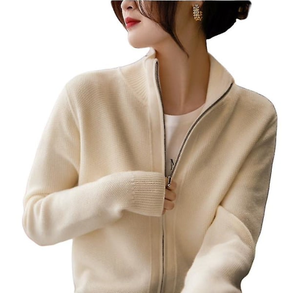 Dame Ståkrave Lynlås Strikket Cardigan Sweater Jakke white