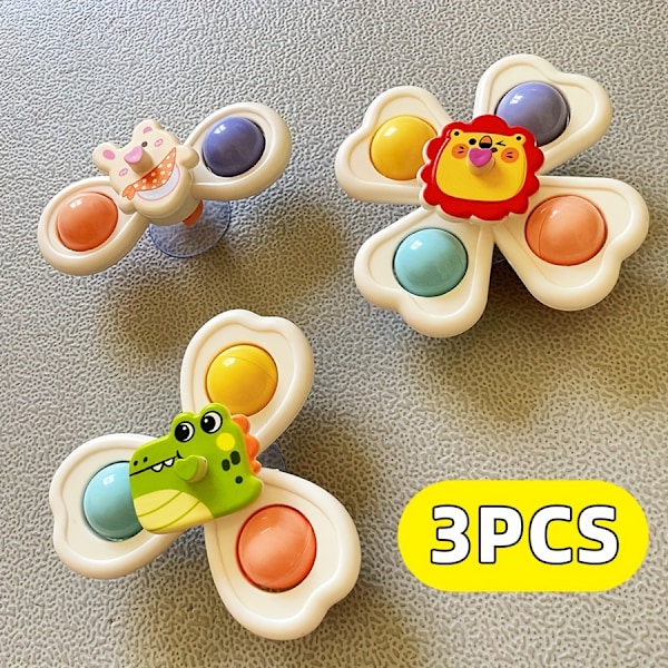 3-pack Djur-Cartoon Sugkoppar Snurrande Toppar - Tidig Inlärning Utbildningsleksaker för Småbarn, Perfekt för Bad & Matbordsspel, Idealisk Present