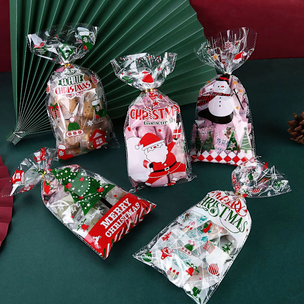 50 stk Julecellofanposer, Juletransparent Gaveposer Godteriposer med Twist Tie for Julefestforsyninger