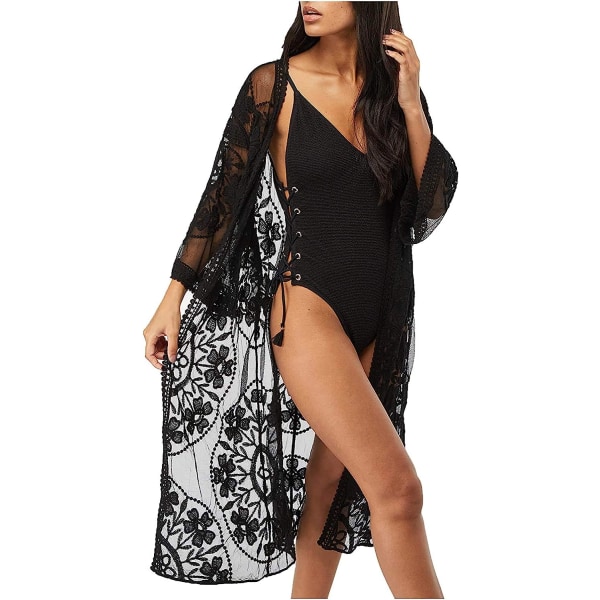 Women's Lace Bikini Cover Up Summer Beach Swimsuit Cover Up Pareos Kimono Cardigan Beach Dress Long One Size