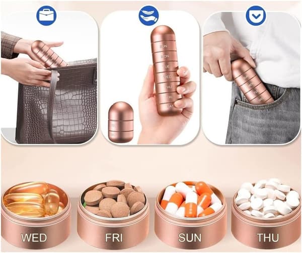 Waterproof Medicine Pill Boxes with 7 Compartments, Pill Box, Keychain Capsule, Small Pill Box (Rose Gold) rose gold