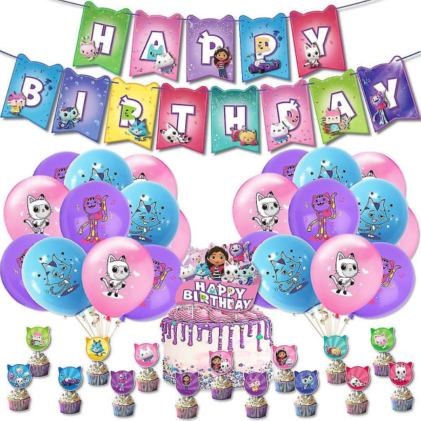 Gabby's Dollhouse-tema Barn Jenter Bursdagsfestutstyr Sett Bannerballonger Kake Toppers Dekorsett