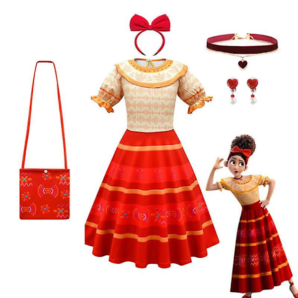 Disney Mirabel Isabela Kostym för Flickor Prinsessklänning Kostym Cosplay Encanto Karneval Födelsedagsfest Krans Kläder Väska Charm Röd Ed 3-4T (110)