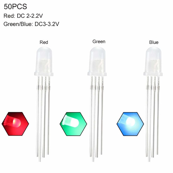 50 kpl 5 mm RGB LED-diodit, kolmivärinen (monivärinen punainen vihreä sininen 4-nastainen yhteinen katodi) valaistus elektroniset komponentit valoa emittoivat diodit