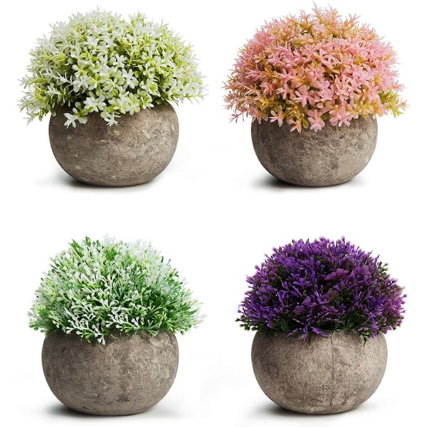 Kunstige planter i potte imiteret falsk miniplante Farverige blomsterbuske i grå potte til badeværelsesindretning til hjemmet (sæt med 4)