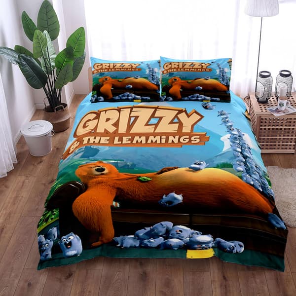 (AZC) Grizzy & Lemlarna Tecknad Quilt Set 3-delars-A 200x200cm