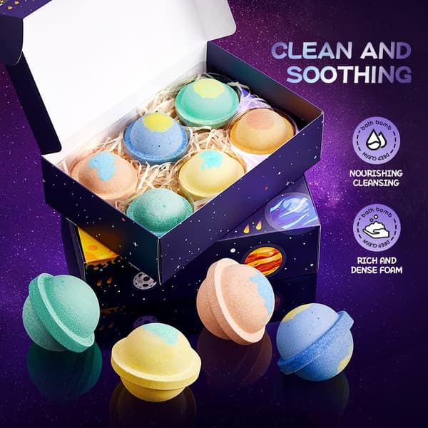 Badbombset Planetdesign Aromaterapi Avkoppling Spa Badboll Hudvård Rengöring Presentförpackning 6 st