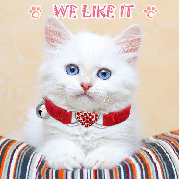 5 deler  Kattehalsbånd Myk fløyels kattungehalsbånd med sikkerhetsklokke og kjærlighetshjerte Rhinestone Breakaway-spenne Justerbar for kattunge og valp