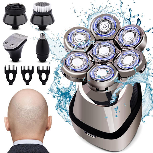 7D Hodebarbermaskin for Skallete Menn, Anti-Klype Elektrisk Barbermaskin for Menn, 5-i-1 Stellsett med Nesetrimmer, Skjeggtrimmer, osv.