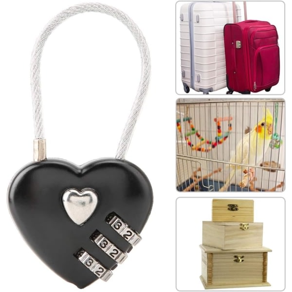 Yhdistelmäriippulukko, sydämen muotoinen 3-numeroinen koodiyhdistelmä matkalaukku, laukun lukko, salasanasuojattu riippulukko koulukaappiin/arkistokaappiin (musta)
