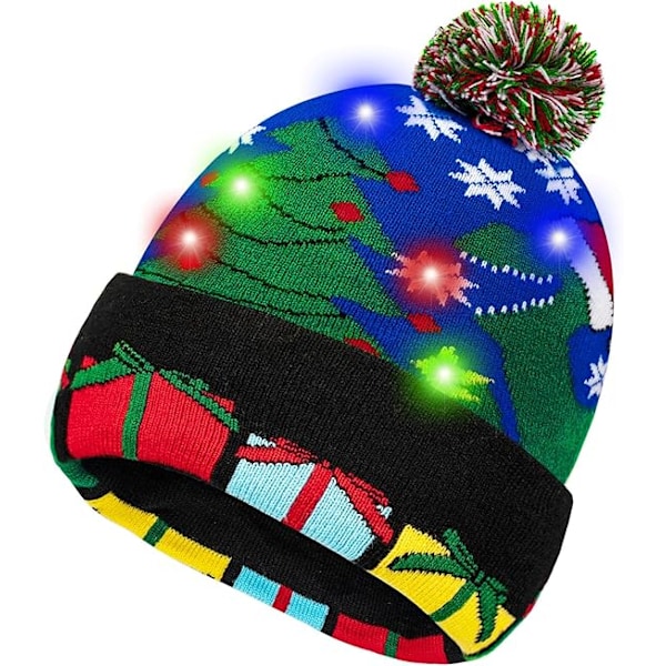 Ljusupplyst Julhatt, LED Julhattar med Ljus, Blinkande Julhatt Stickad Hatt för Barn Vuxna Pojkar Flickor