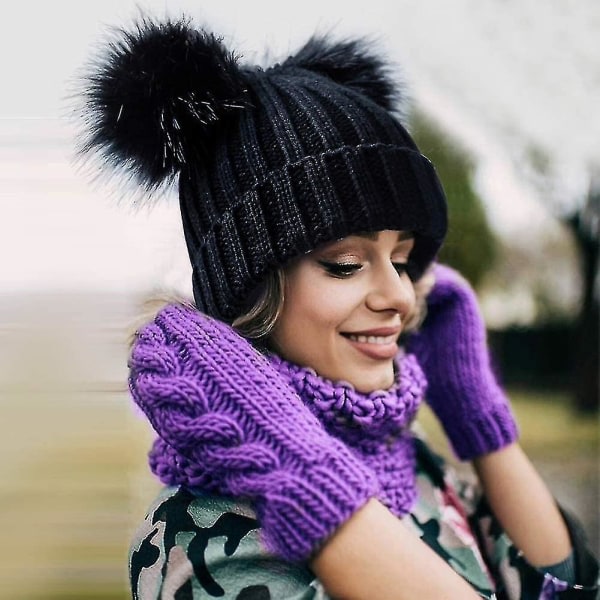 Kvinders Vinter Fleece Foret Boble Hat Strikket Faux Fur Voksen Kvinde