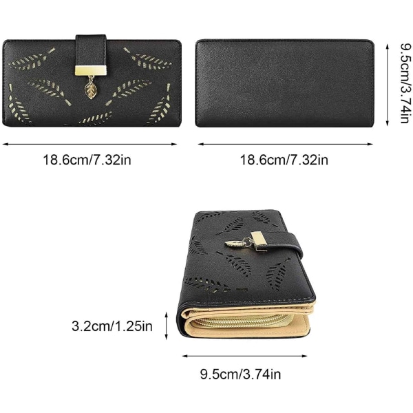 Women's Wallet Cutout Leaf Pattern Bifold Leather Long Wallet Ladies Purse Zipper Tote Button Clutch (Black)