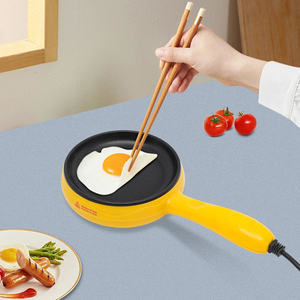 Mini elektrisk stegepande 6 tommer stegepande rund form elektrisk køkken stegepande med træspatel 450W rustfrit stål stegepande gul) Yellow