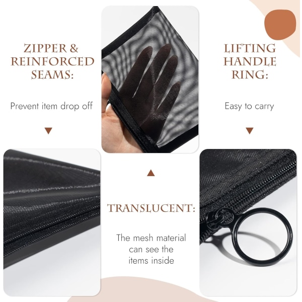 4 stycken Mini dragkedja Toalettväska Organiseringspåse i mesh , svart nylon Vattentät liten handväska Kosmetik