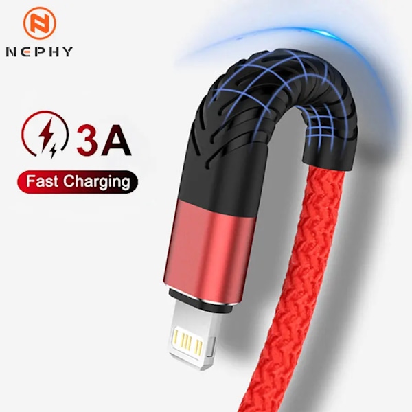 USB-kabel for iPhone 11 12 13 14 Pro X XS Max 6 7 8 Plus SE Apple iPad Hurtigladekabel Original Mobiltelefonlader Datakabel 3m Rød Rød Red 0.25m