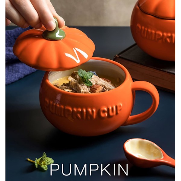 Teknisk søt gresskar-krus, keramisk kaffekrus, 8,5oz tekopp med lokk (krus + skje + silikonhånd (skrell og stikk)) oransje 250ml kopp og skje og hånd pumpkin