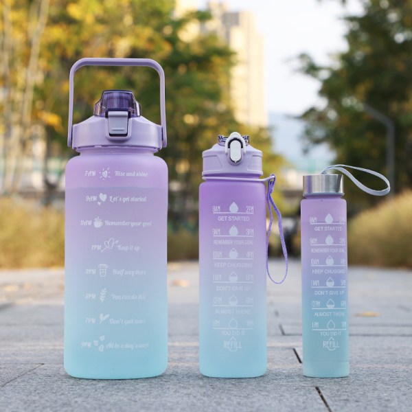 3-pak vandflasker, 2L+900ML+500ML vandflaske, motiverende, lækagesikker, opvaskemaskinesikker, løbesportsvandflaske med sugerør og tidsstempel