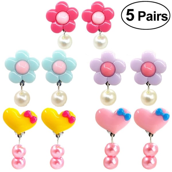 5 par jenteøreringer Clip On-øreringer Dingle Drop-øreringer Tilbehør (rosa/lilla/blå blomster og rosa/gule hjerter)