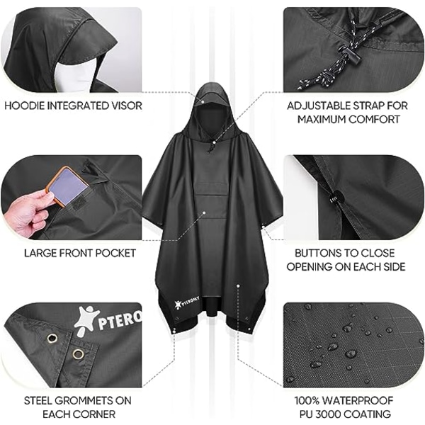 Hette regnponcho for voksne med lomme Black