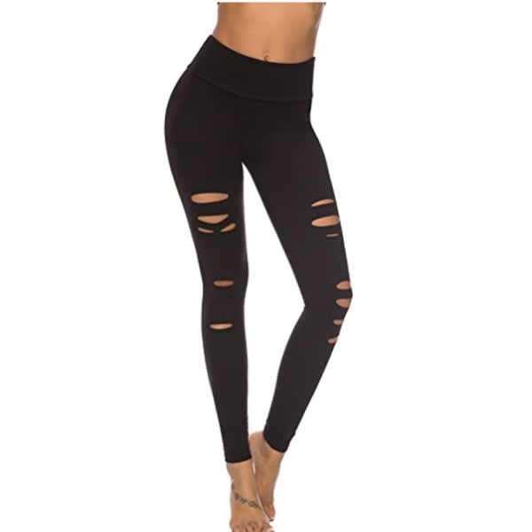 Hög midja yogabyxor för kvinnor: Cut Out Ripped Leggings - Svart,L Svart