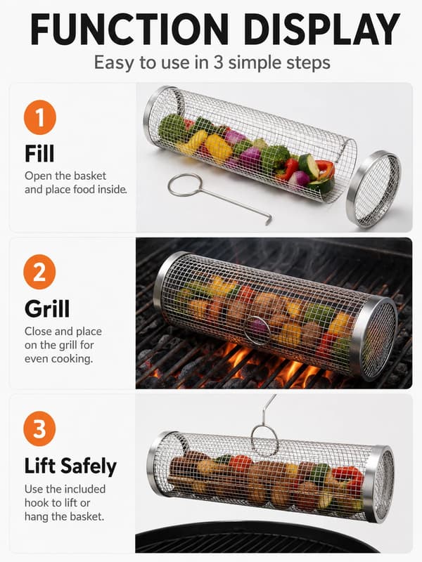 BBQ-grillkorg i rostfritt stål, rullande grillbur med krok, 30 cm 30cm