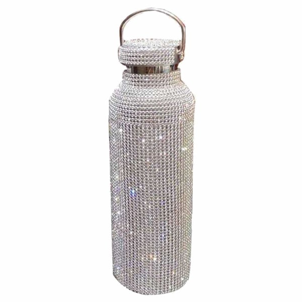 Diamant vandflaske, rustfrit stål isoleret vandflaske, glitter vandflasker Genopfyldelige vandflasker til kvinder sølv (500 ml)