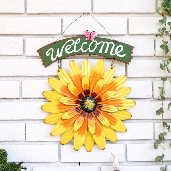 Välkomstskylt Ornament Simulering Metall Solros Fjäril Väggkonst Hängande Gård Staket Dekoration för Hem Utomhus Yellow Welcome Plate