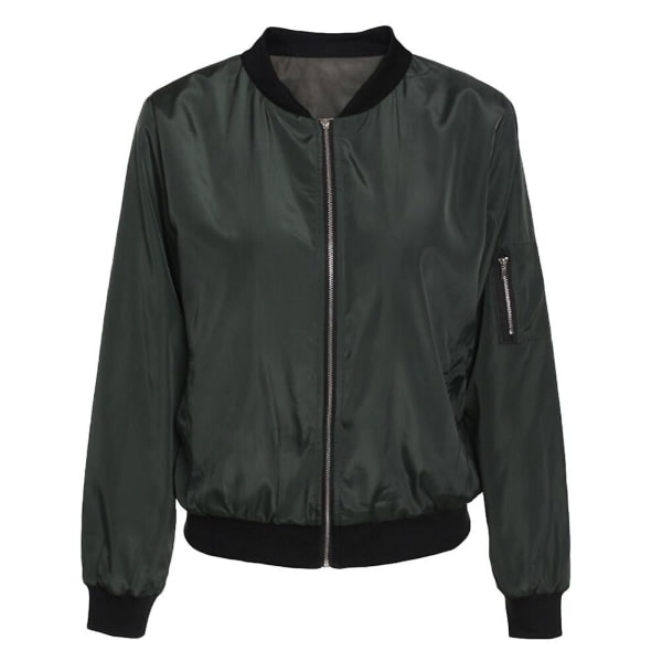 Yynuda Dame Klassisk Ensfarvet Biker Zip Up Crop Bomber Jakke Frakke Grøn 2XL