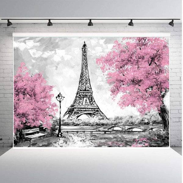 9x6ft Pariisin Eiffel-tornin taustat valokuvausta varten Vaaleanpunaiset kukat Puu Valokuvaharrastajat Häästudio Rekvisiitta Tausta Banneri Vinyyli