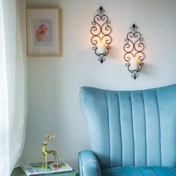 Sett med 2 telysholdere Veggmonterte lysestaker i metall, lysestake for vegg soverom Bad stue dekorasjon, svart