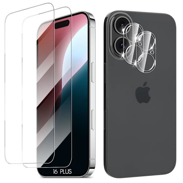 2 härdat glas skärmskydd och 2 kameraskydd för iPhone 16 Plus