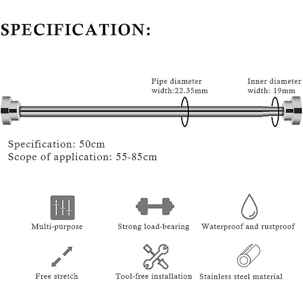 50-85cm Udtrækkelig Bruseforhængsstang Ingen Boring Bruseforhængsstang Rustfrit Stål Bruseforhængsstang til Brusekabine Balkon Dør