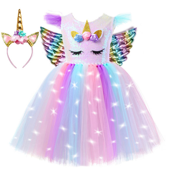 Unicorn-kjole til piger, Unicorn-kostumer LED-belyst TuTu-kjole med pandebånd Hvid A