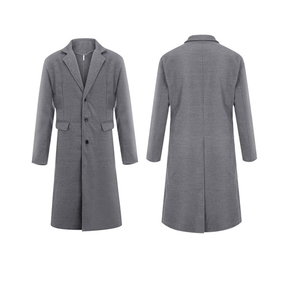 Høytidelig Herre Casual Smal Passform Ullfrakk Lang Jakke Hakkesøm Trenchcoat Grey L