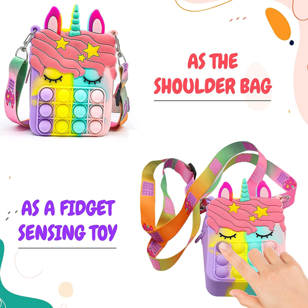 Pung til piger med en smuk nøglering | Cross Body Fidget Pung | 2 i 1 Rainbow Pop it Pung Legetøj til Angst & Stress Relief