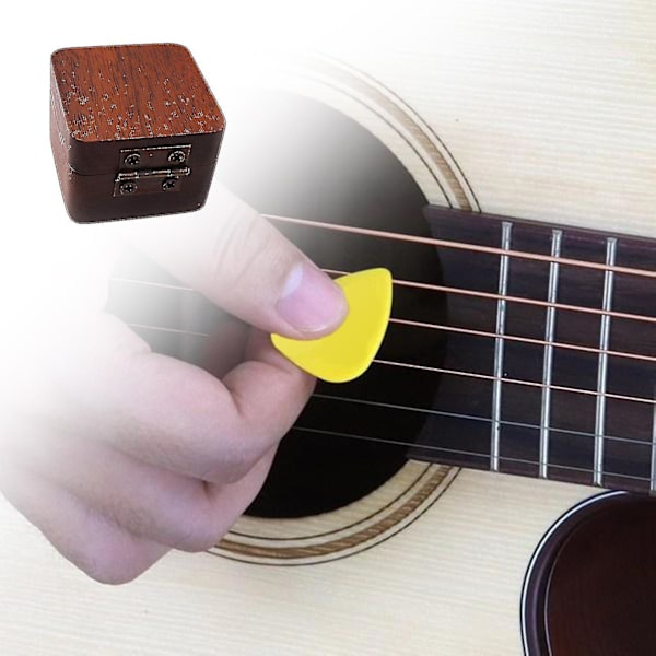 Plektrumbox för gitarr, kreativ återanvändbar trä bärbar gitarrplektrumfodral förvaringsbox, gitarraccessoarer (1 st, brun)