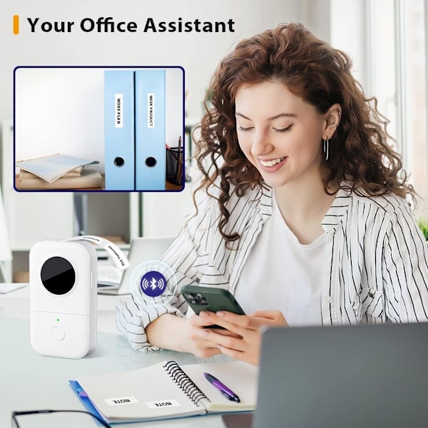 D30 Etiketprinter, Bluetooth Trådløs Mini Lomme Smartphone Genopladelig Etiketprinter Kompatibel med iPhone/Android, til Hjemmekontor Etiketprinter (Hvid) White