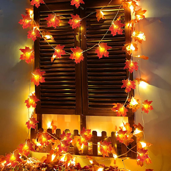 2-pack Höstdekoration Förstorad Lönnlöv Halloween Höstdekorationer för Hemmet Höstlampor Tjocka Löv Girlander, Totalt 20 fot 40 LED Batteridriven