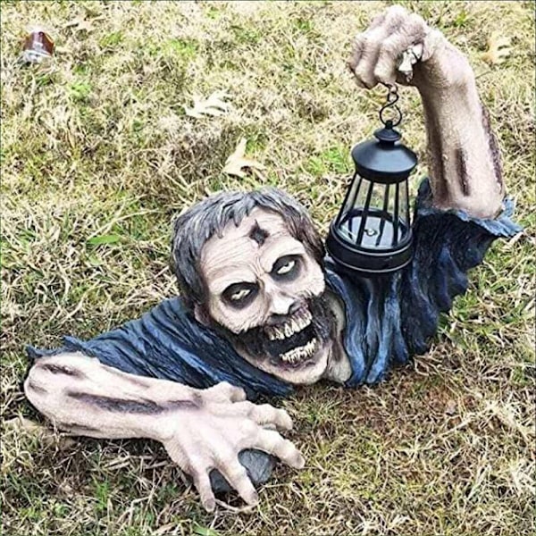 Stjerne Halloween-dekorasjon: Zombi-larve med LED-lykt, Zombi-statue som holder lampe.