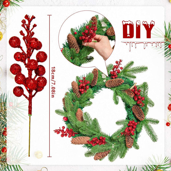 12 stk Glitrende Røde Bær Grener 8,3 Tommer Kunstige Frukt Bær Plukker Holly Bær Kvist for Juletrepynt DIY Håndverk Jul Rød