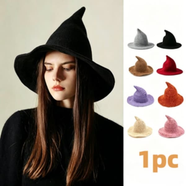 Sammenleggbar strikket heksehatt for kvinner Halloween-fest Cosplay-dekorasjon Beige