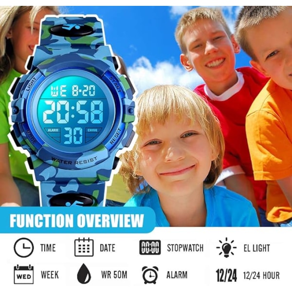 Digital Watch for Boys, Waterproof Sports Watch, Children's Watches with Alarm Clock, Stopwatch, 12-24H, Electronic Children's Watches,