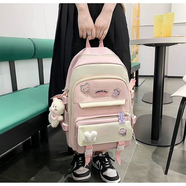 5 stk. Kawaii rygsæksæt med bjørnevedhæng, skoleartikler, søde kanin-pins, stor lærreds-skolepose med stofpose (pink)