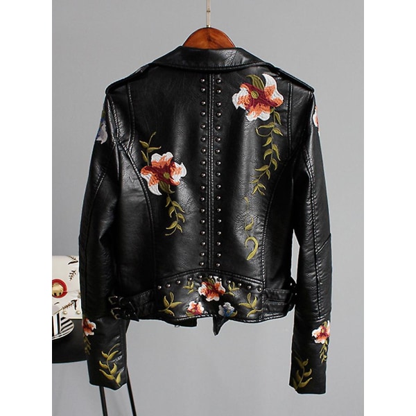 Floral mønster print imiteret blød læderjakke kvinder pu motorcykel frakke kvinde sort punk lynlås nitte overtøj sort Black XXL