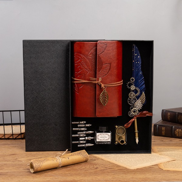 Fjäderpenna och set med läderanteckningsbok Vintage set för nybörjare Klassiska och eleganta presenter till honom män pappa（claret）