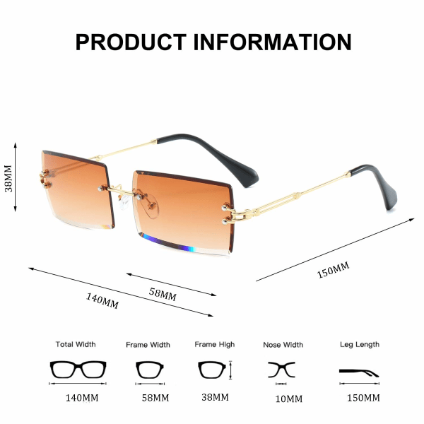 Kantløse rektangulære solbriller til kvinder/mænd Ultralet metalstel briller Fashion Square UV400 Unisex briller