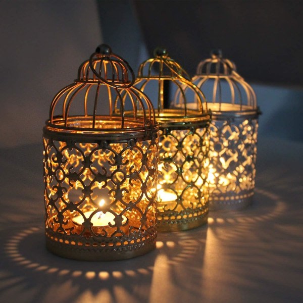 Pakke hengende fuglebur lanterne, vintage metall telys dekorativ lysholder dekorasjon fuglebur for bryllupsfest hjemme rosegull